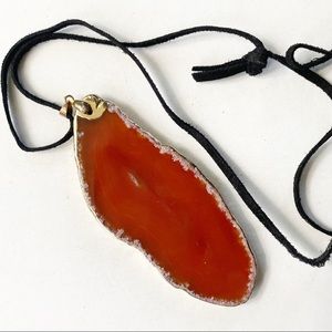 Oversized Red Agate Stone Necklace 10K GP On Cord
